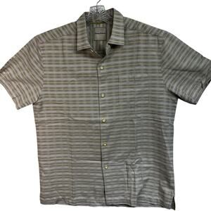 Tommy Bahama Silk Cotton Camp Shirt, Short Sleeved Large | Neutral Plaid - 2010s